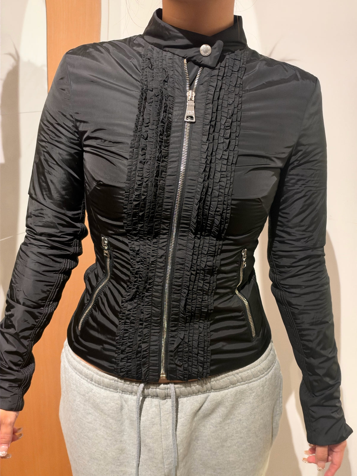 PRADA ss2008 Nylon Black Frill Jacket size FR38