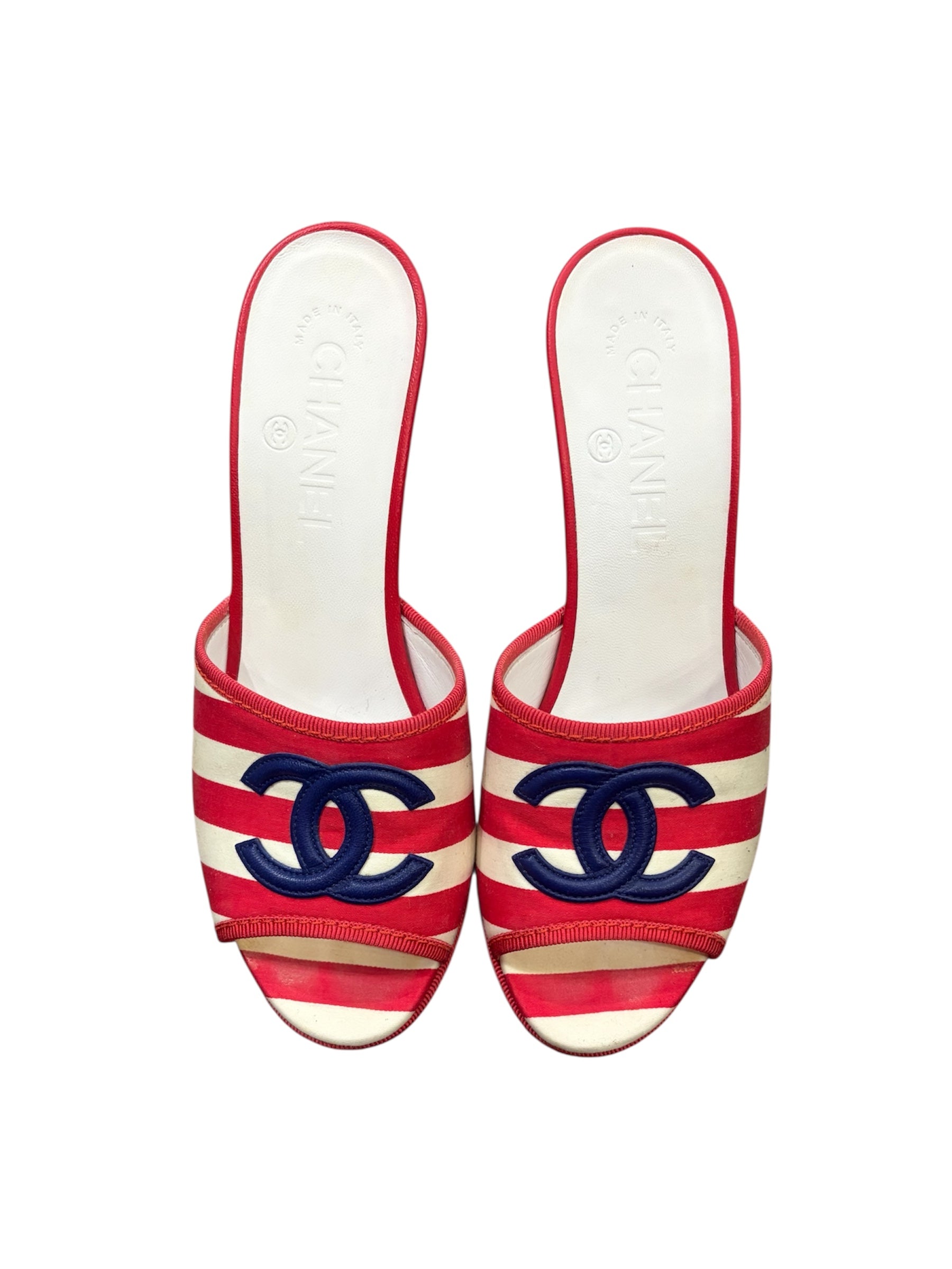 CHANEL 2010 Cruise Canvas Striped Wedge Sandals size 3