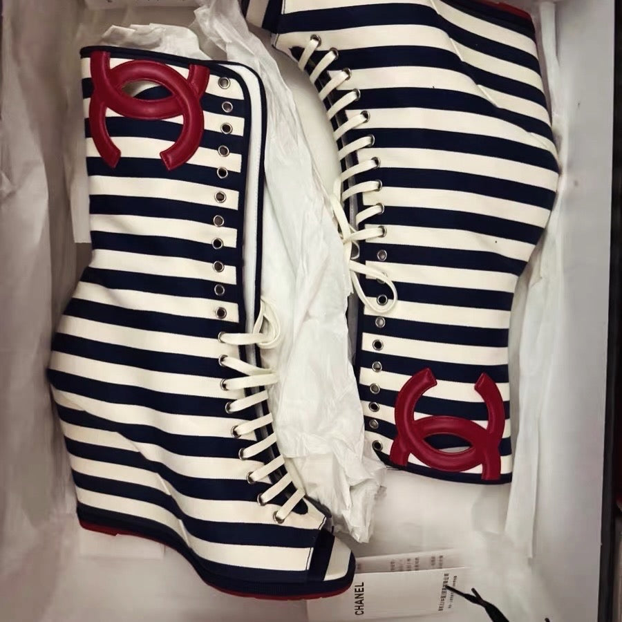 Chanel 2010 Cruise Wedge Stripe Boots size 37.5