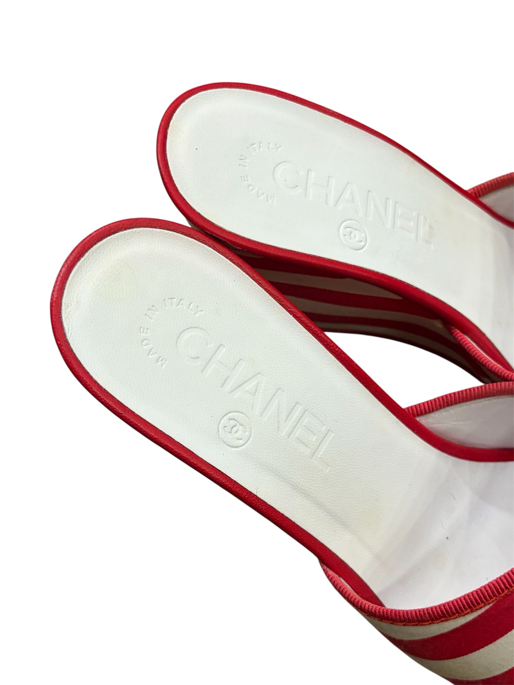 CHANEL 2010 Cruise Canvas Striped Wedge Sandals size 3