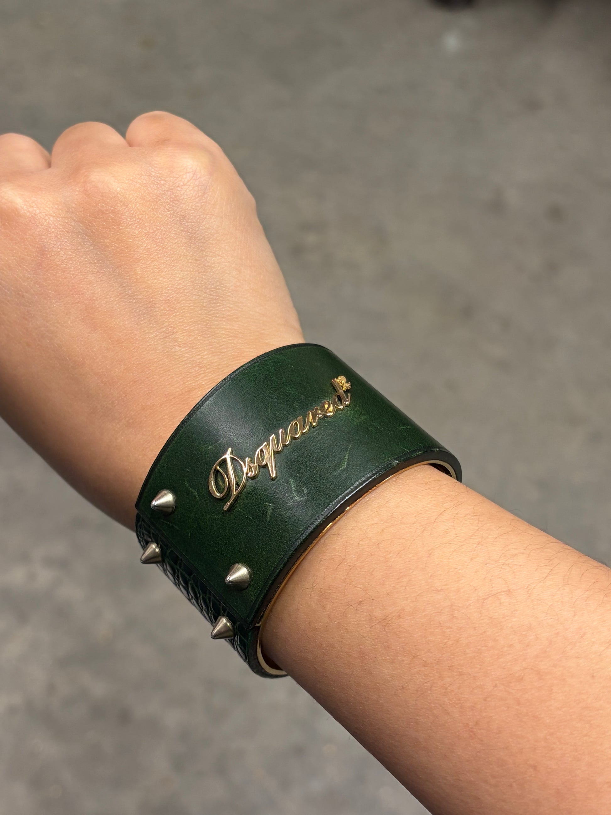 DSQUARED² Green Leather Stud Cuff Bracelet