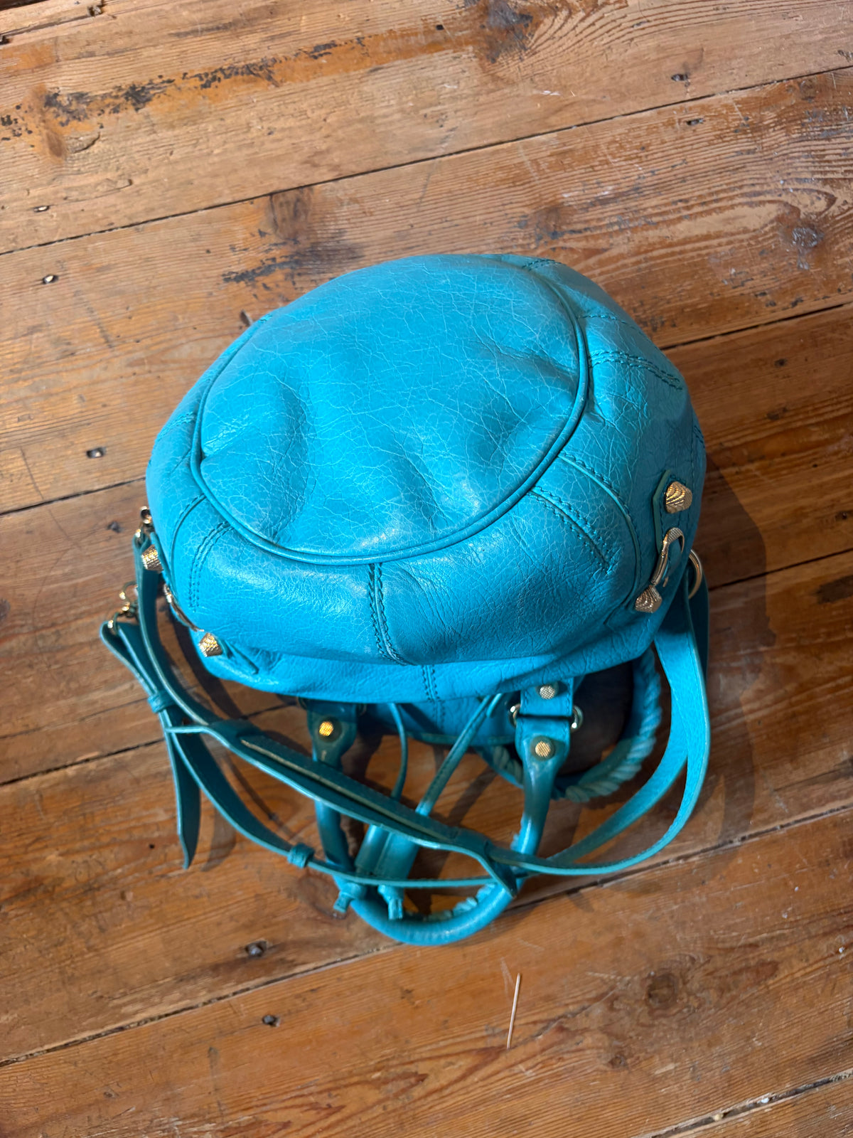 Balenciaga TurquoiseLeather Pompon Bucket Bag