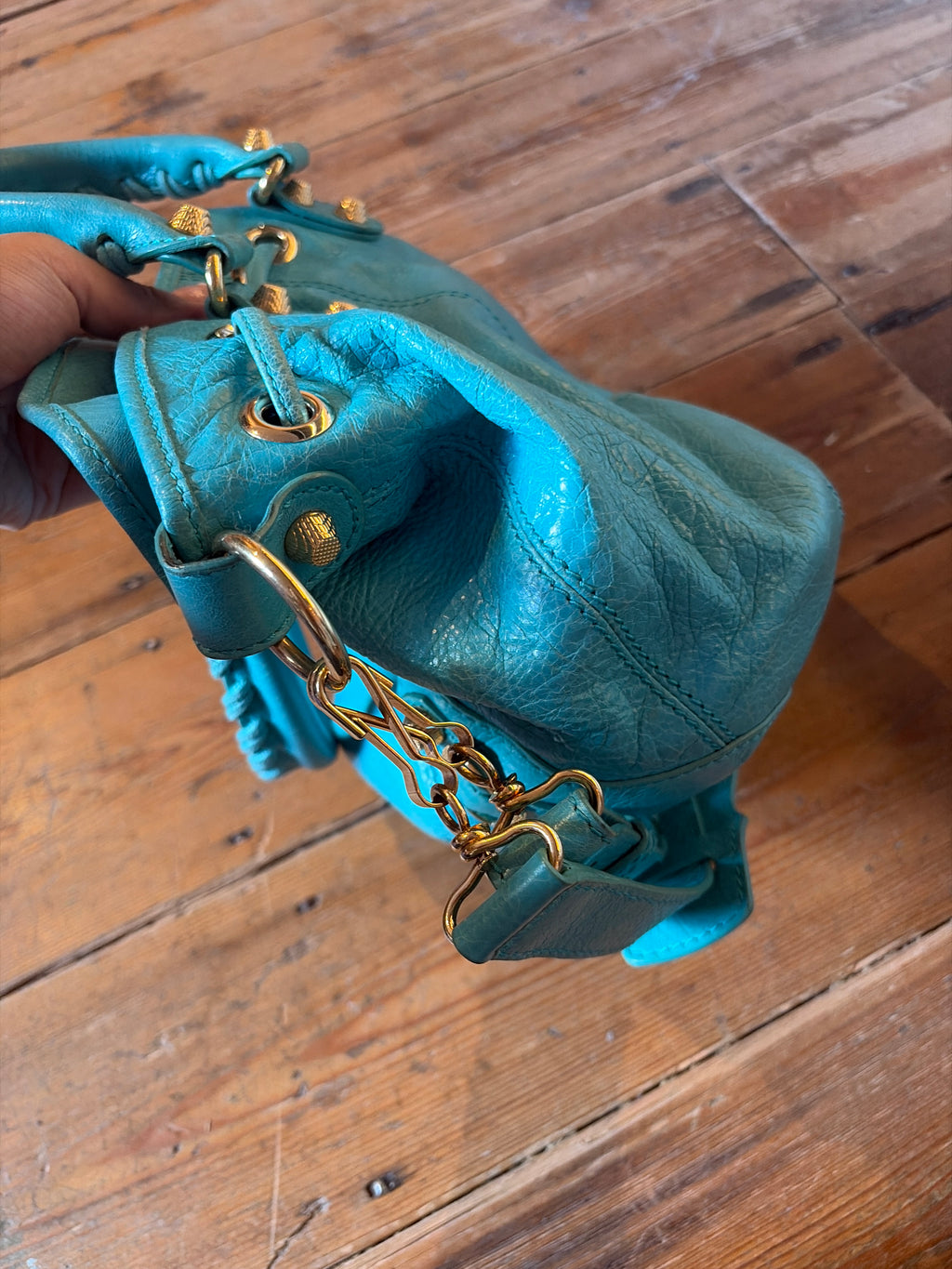 Balenciaga TurquoiseLeather Pompon Bucket Bag