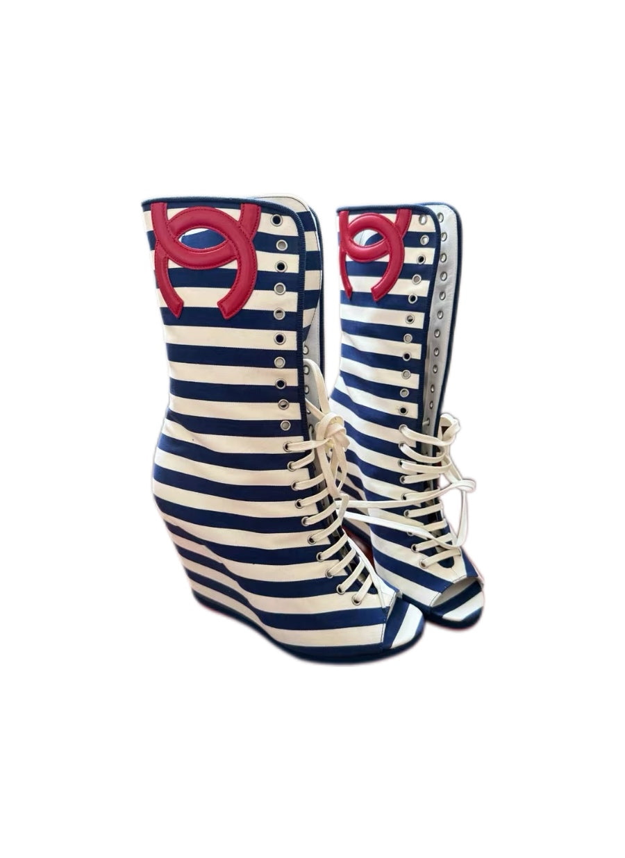 Chanel 2010 Cruise Wedge Stripe Boots size 37.5
