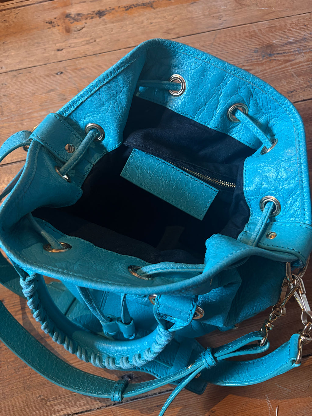 Balenciaga TurquoiseLeather Pompon Bucket Bag