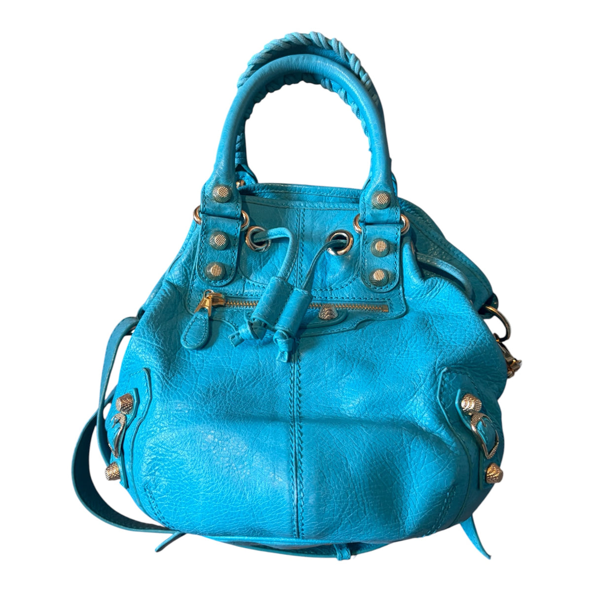Balenciaga TurquoiseLeather Pompon Bucket Bag