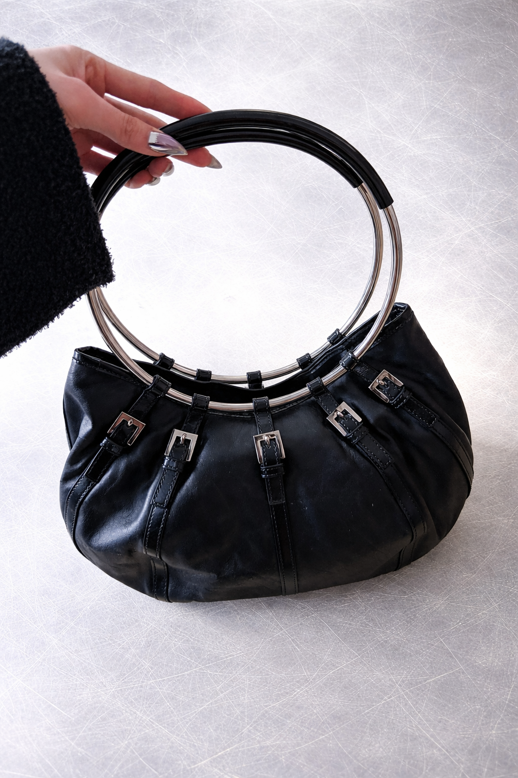 Karen Millen Black Leather Ring Handle Bag