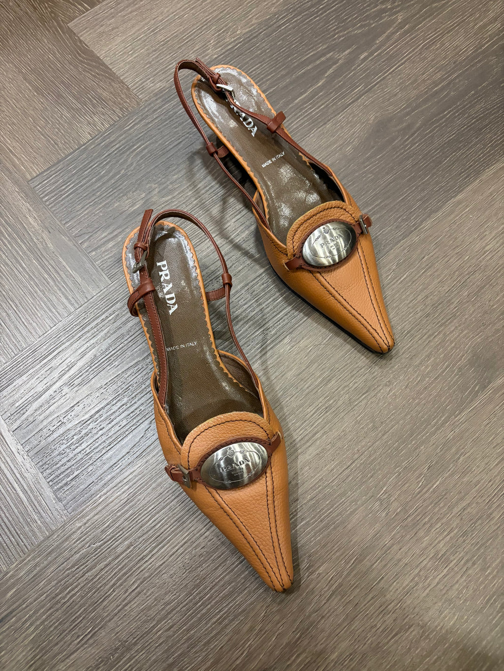 Prada Logo Sling Back Kitten Heels