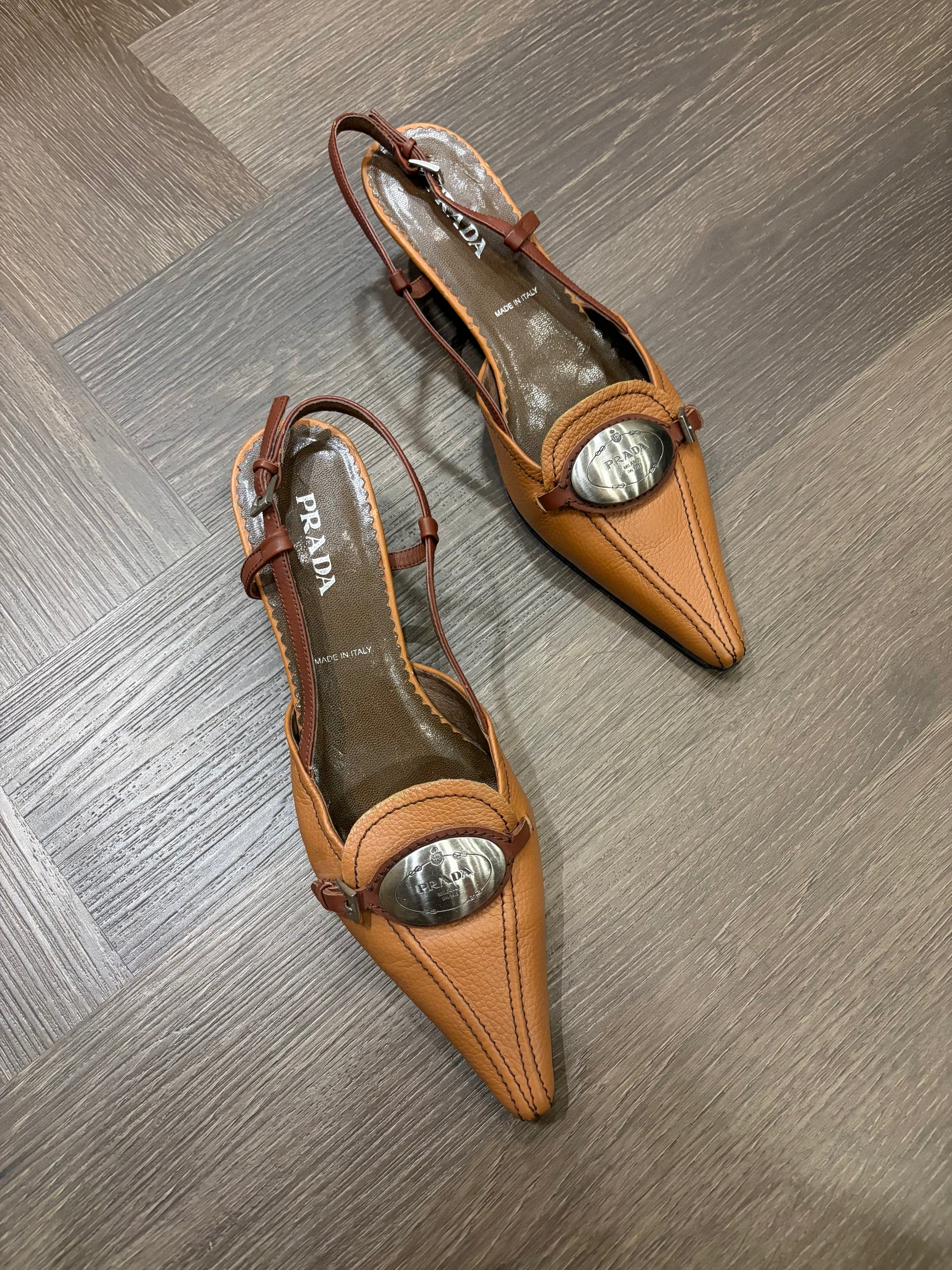Prada Logo Sling Back Kitten Heels
