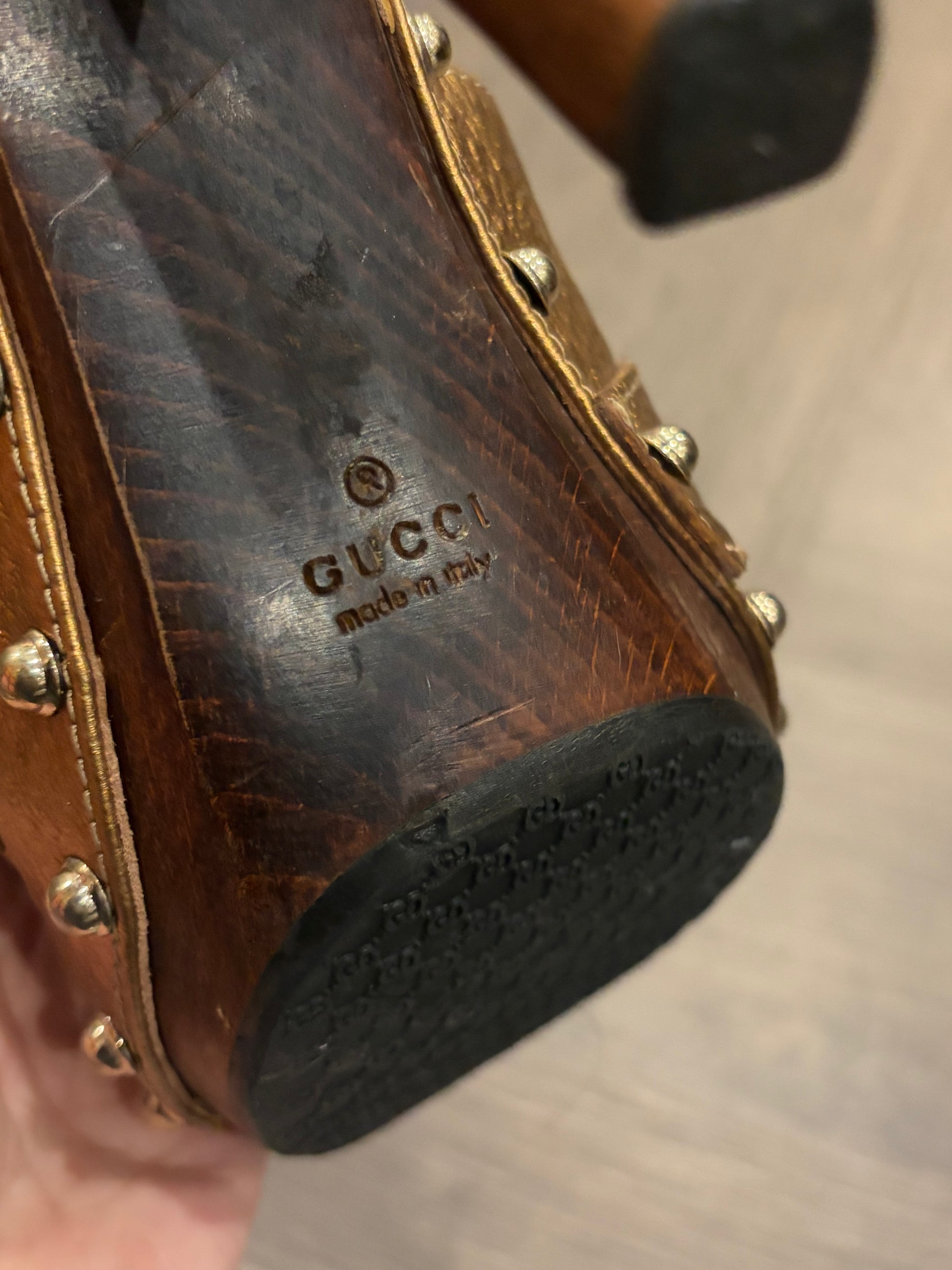 Gucci Gold Leather Clogs Horsebit Bronze Mules