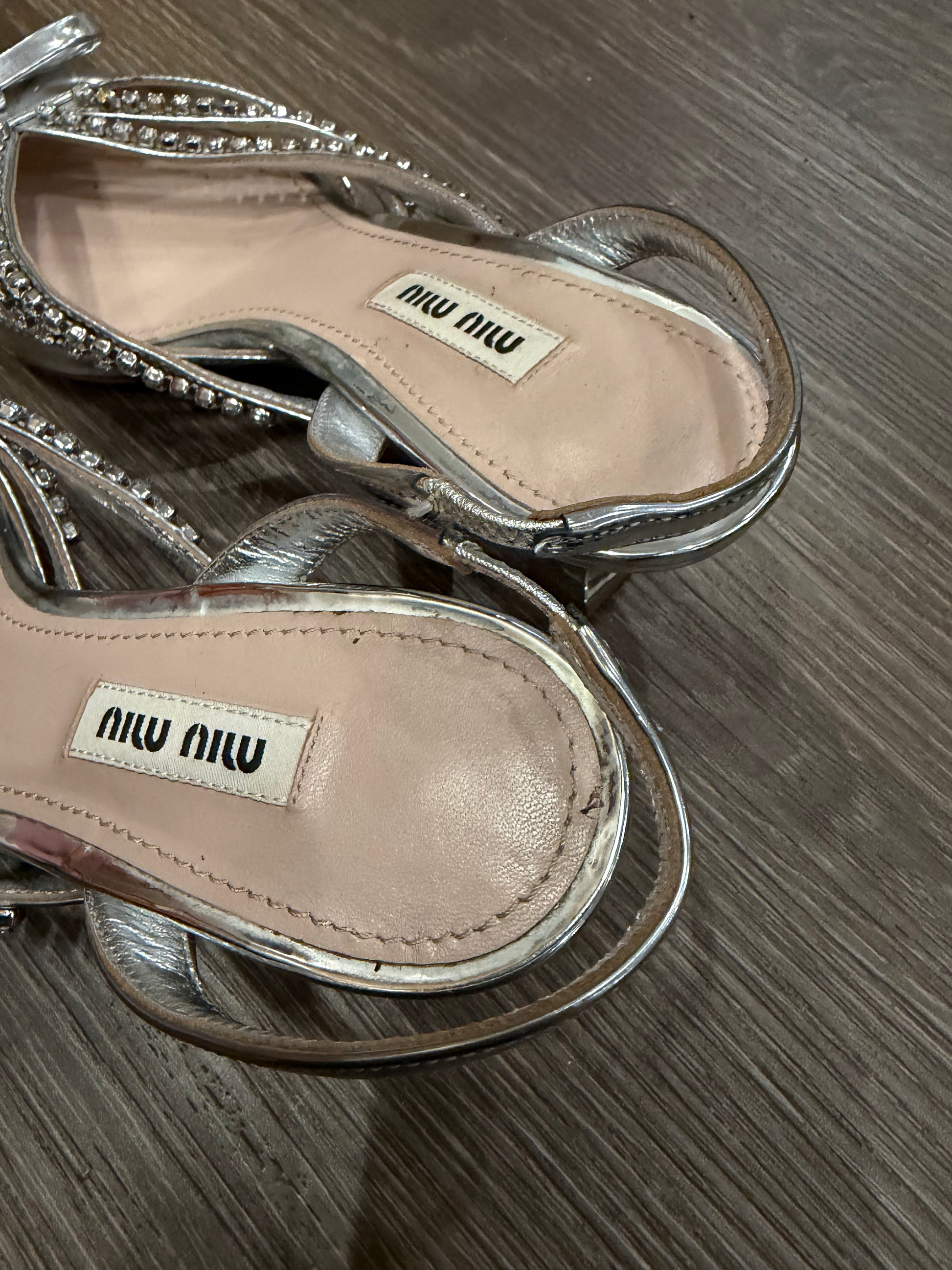 Miu Miu Sliver Crystal Embellished Slingback Pumps