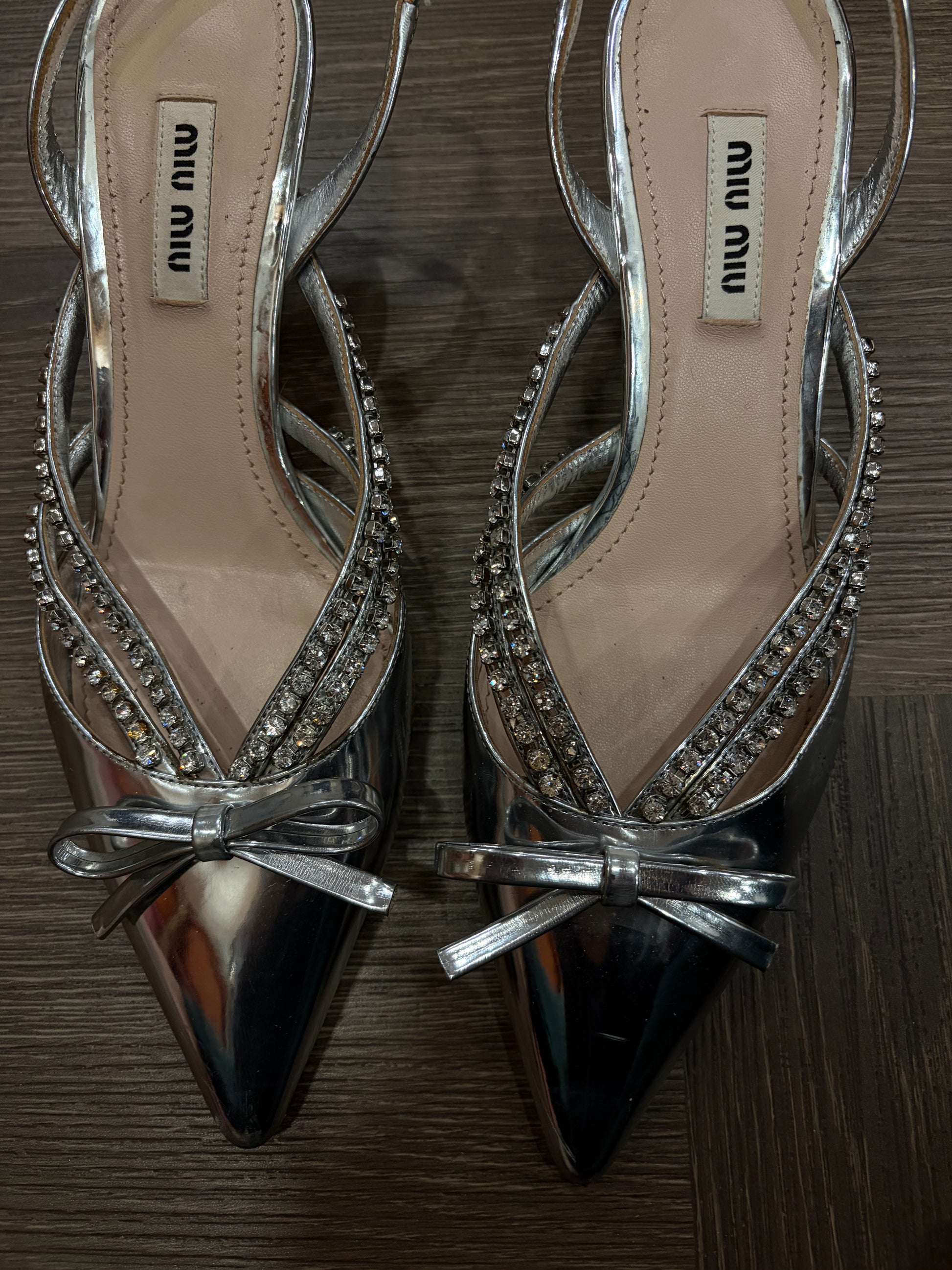 Miu Miu Sliver Crystal Embellished Slingback Pumps