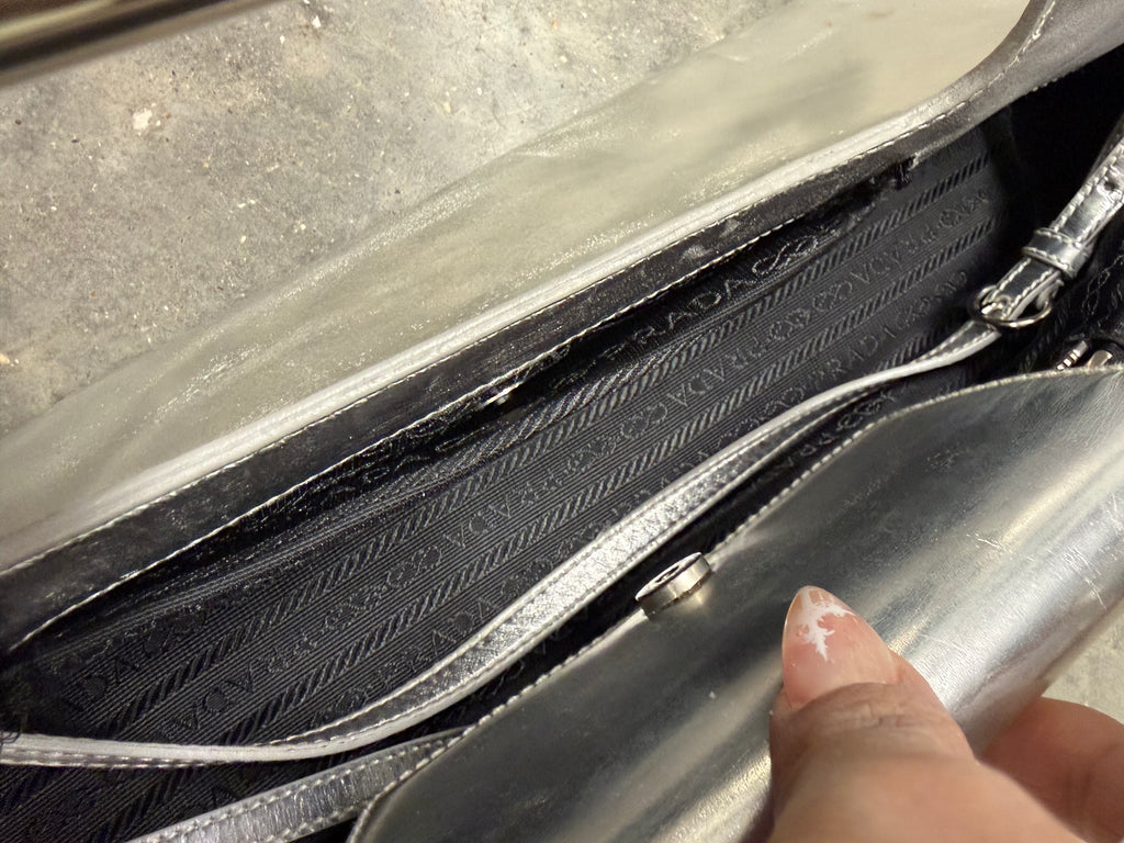 Prada Silver Metallic Leather Clutch Bag
