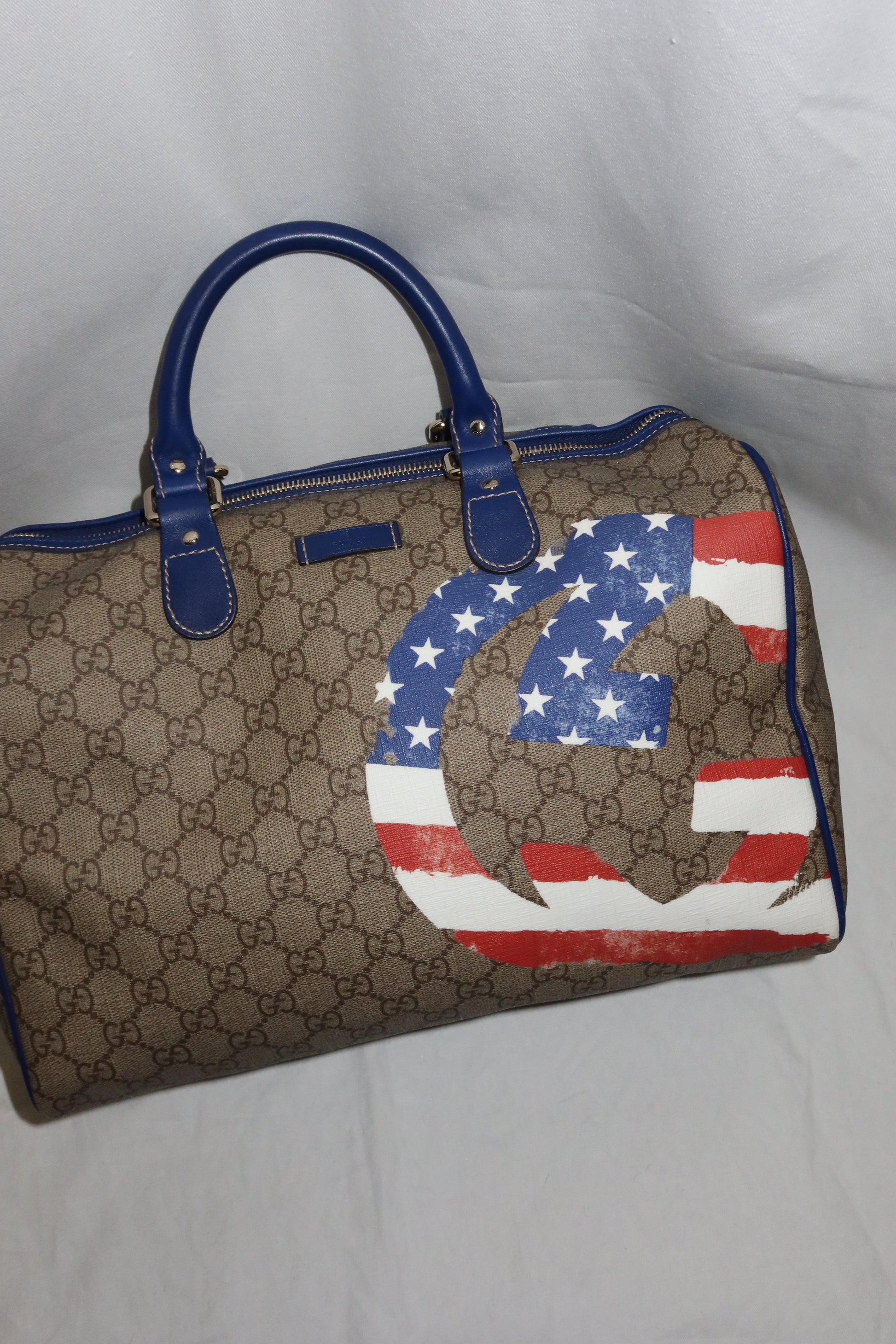 Gucci Boston Hand Bag (Beige/Blue GG Coated Canvas American Flag)