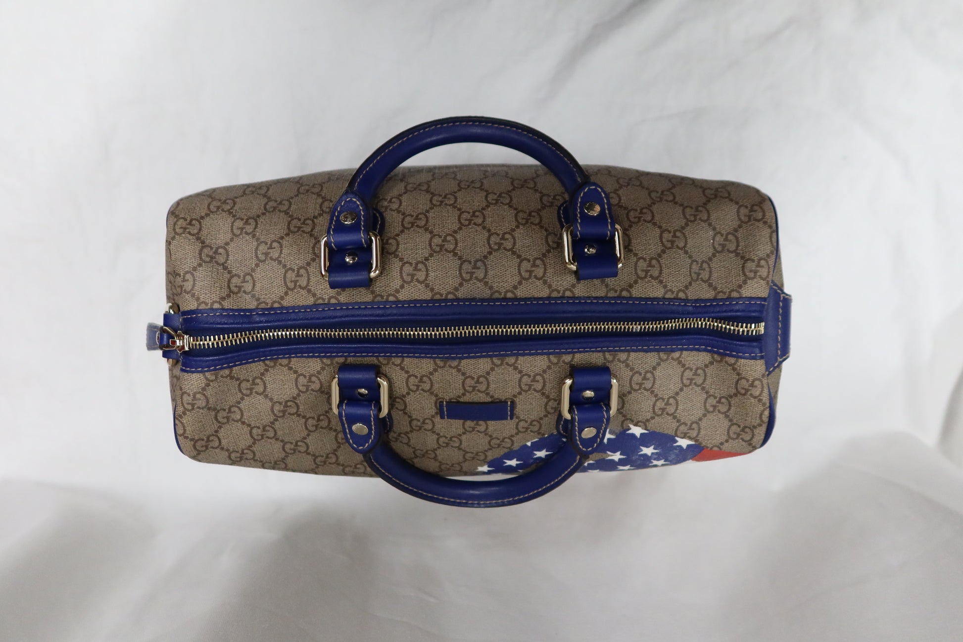 Gucci Boston Hand Bag (Beige/Blue GG Coated Canvas American Flag)