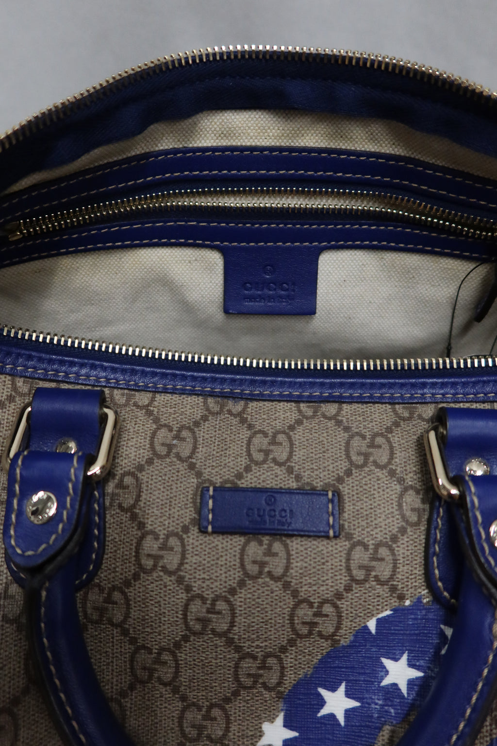 Gucci Boston Hand Bag (Beige/Blue GG Coated Canvas American Flag)