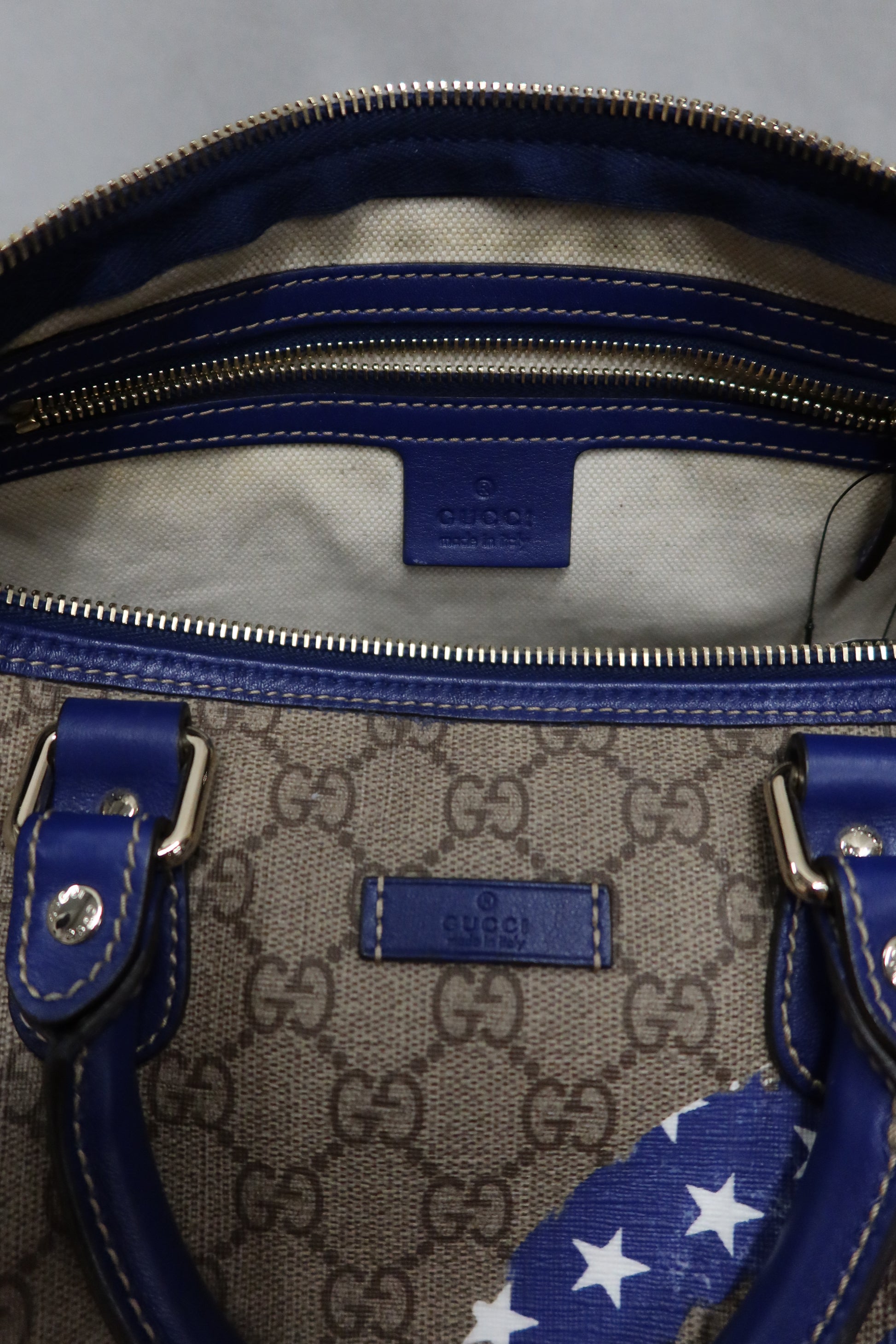 Gucci Boston Hand Bag (Beige/Blue GG Coated Canvas American Flag)