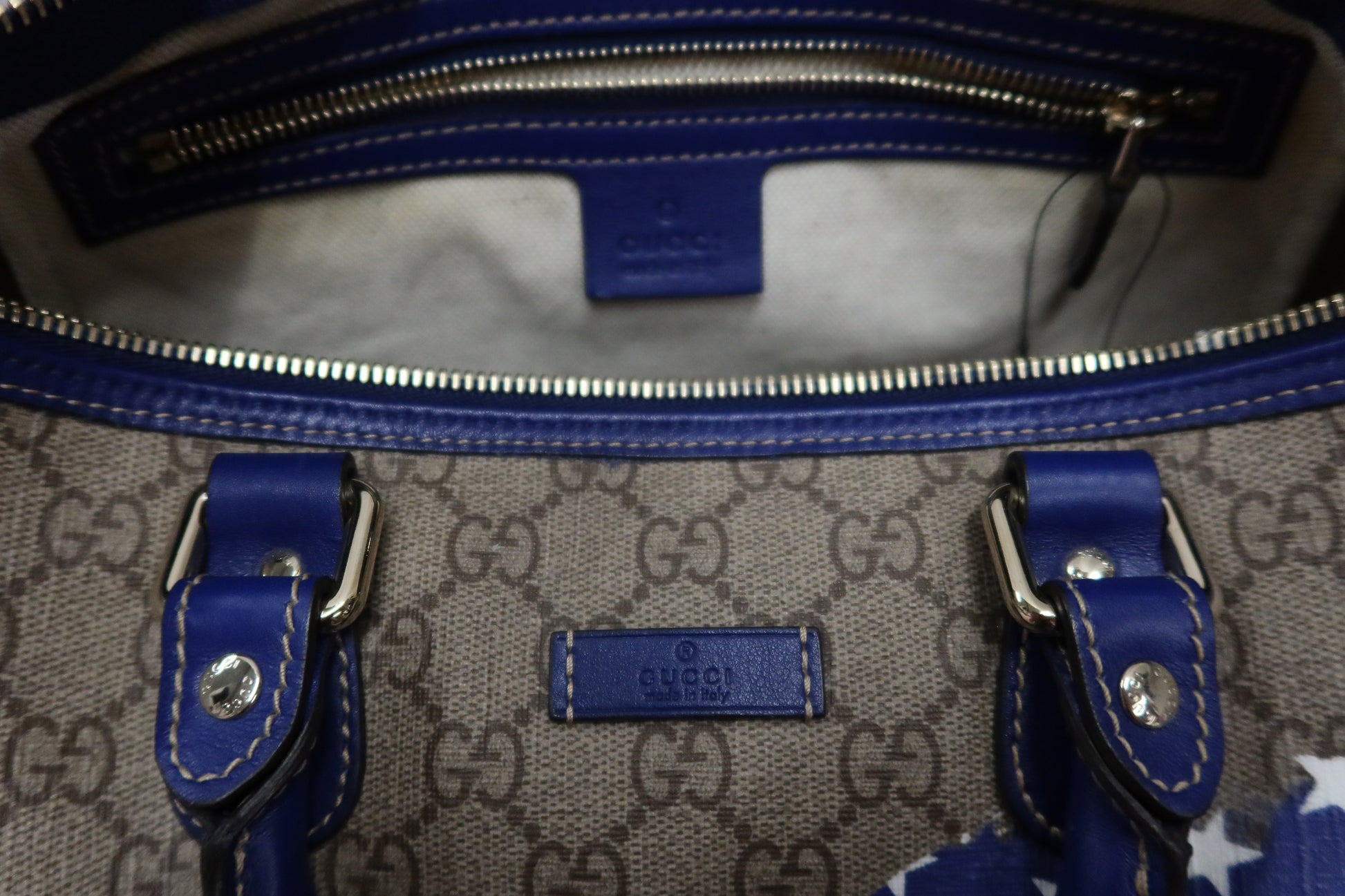 Gucci Boston Hand Bag (Beige/Blue GG Coated Canvas American Flag)