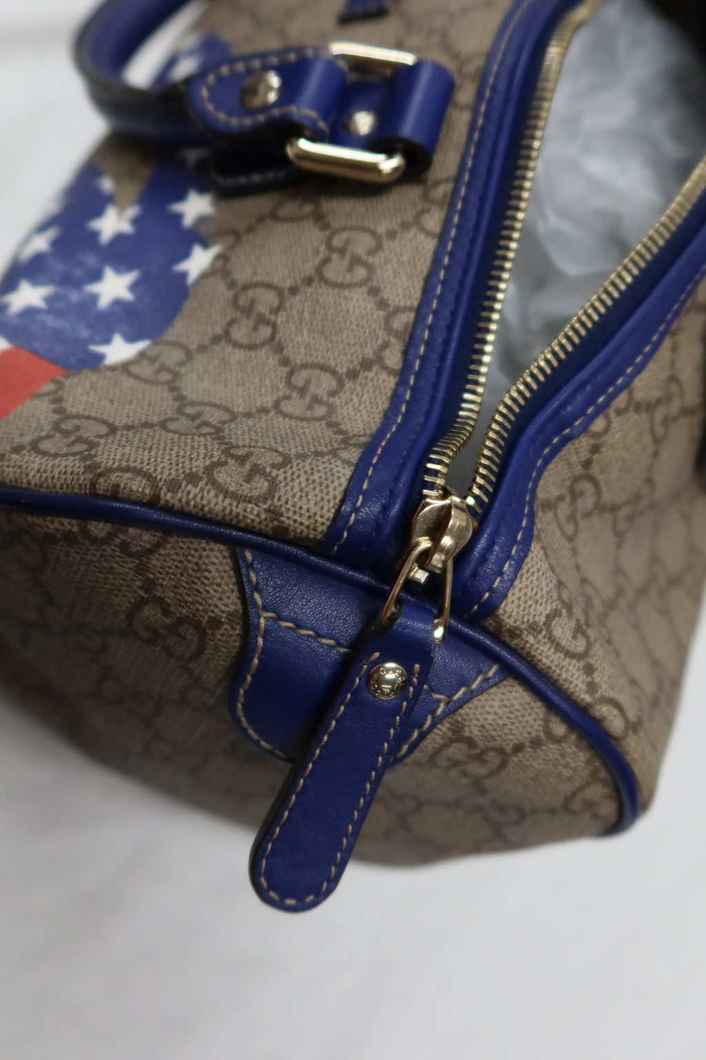 Gucci Boston Hand Bag (Beige/Blue GG Coated Canvas American Flag)