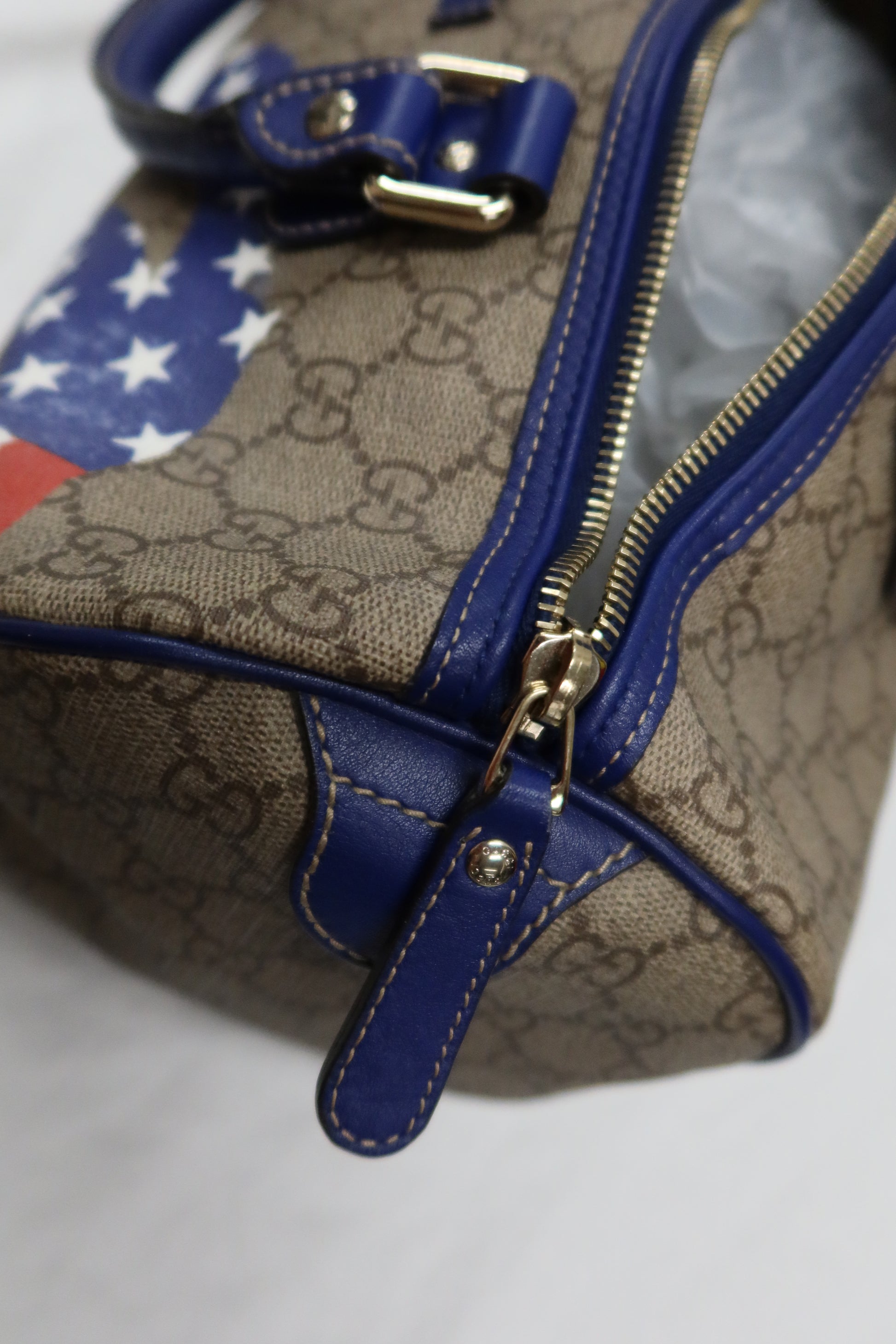 Gucci Boston Hand Bag (Beige/Blue GG Coated Canvas American Flag)