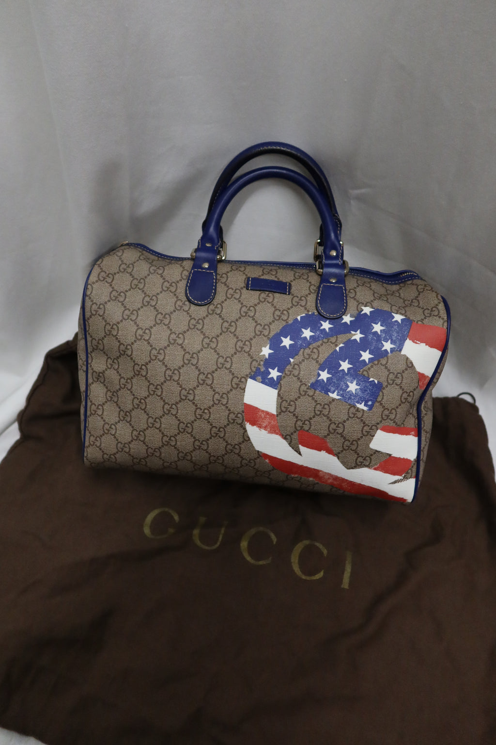 Gucci Boston Hand Bag (Beige/Blue GG Coated Canvas American Flag)