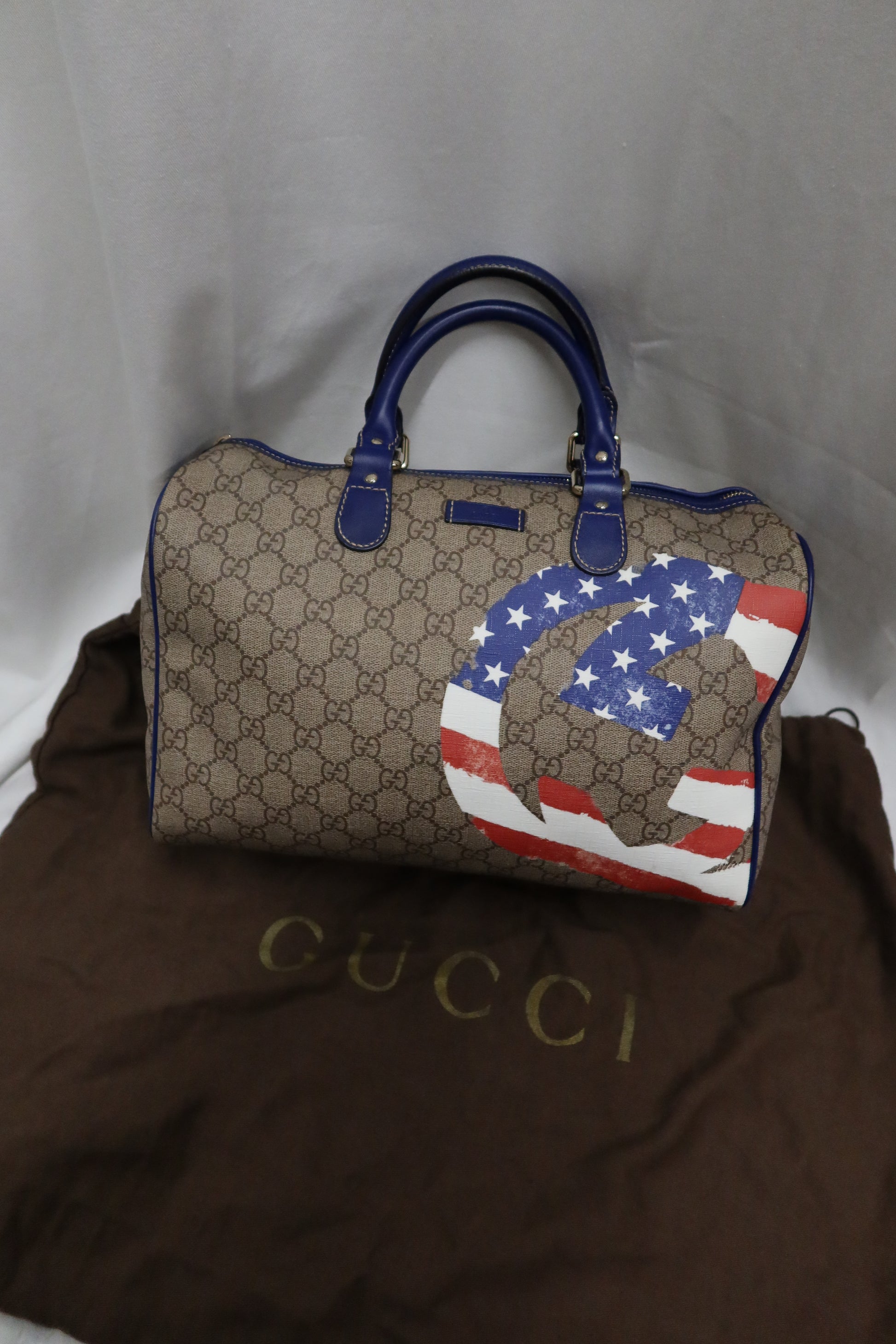Gucci Boston Hand Bag (Beige/Blue GG Coated Canvas American Flag)