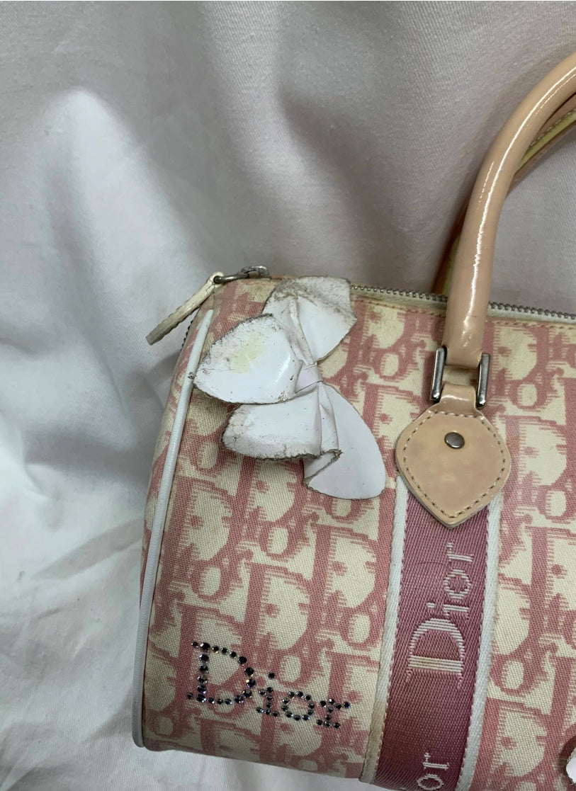 Christian Dior Trotter Flower Pink White PVC Handbag Silver Hardware with Charm