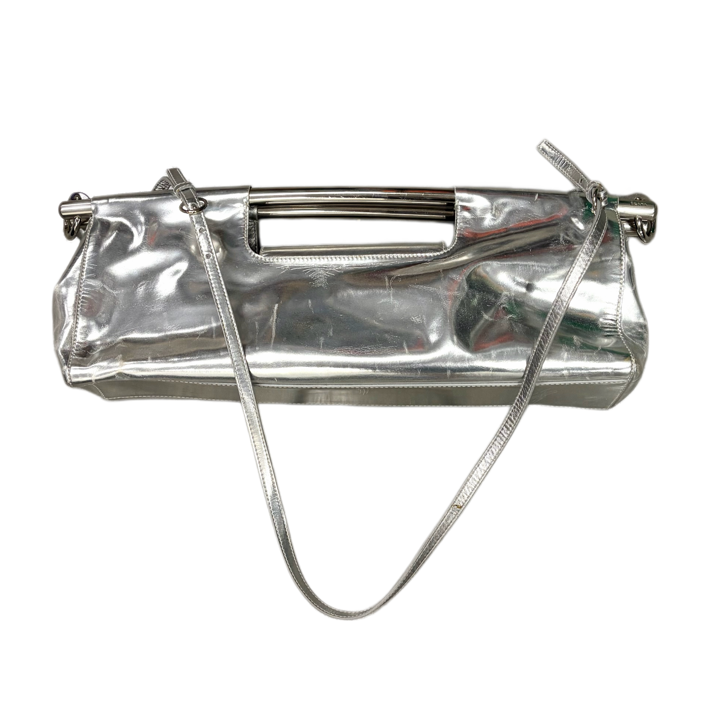 Prada Silver Metallic Leather Clutch Bag