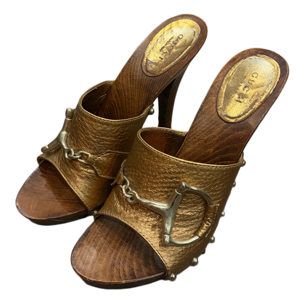 Gucci Gold Leather Clogs Horsebit Bronze Mules