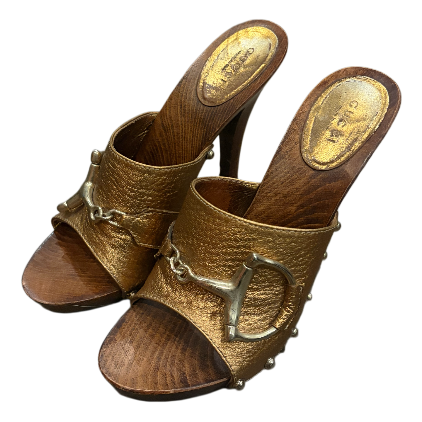 Gucci Gold Leather Clogs Horsebit Bronze Mules