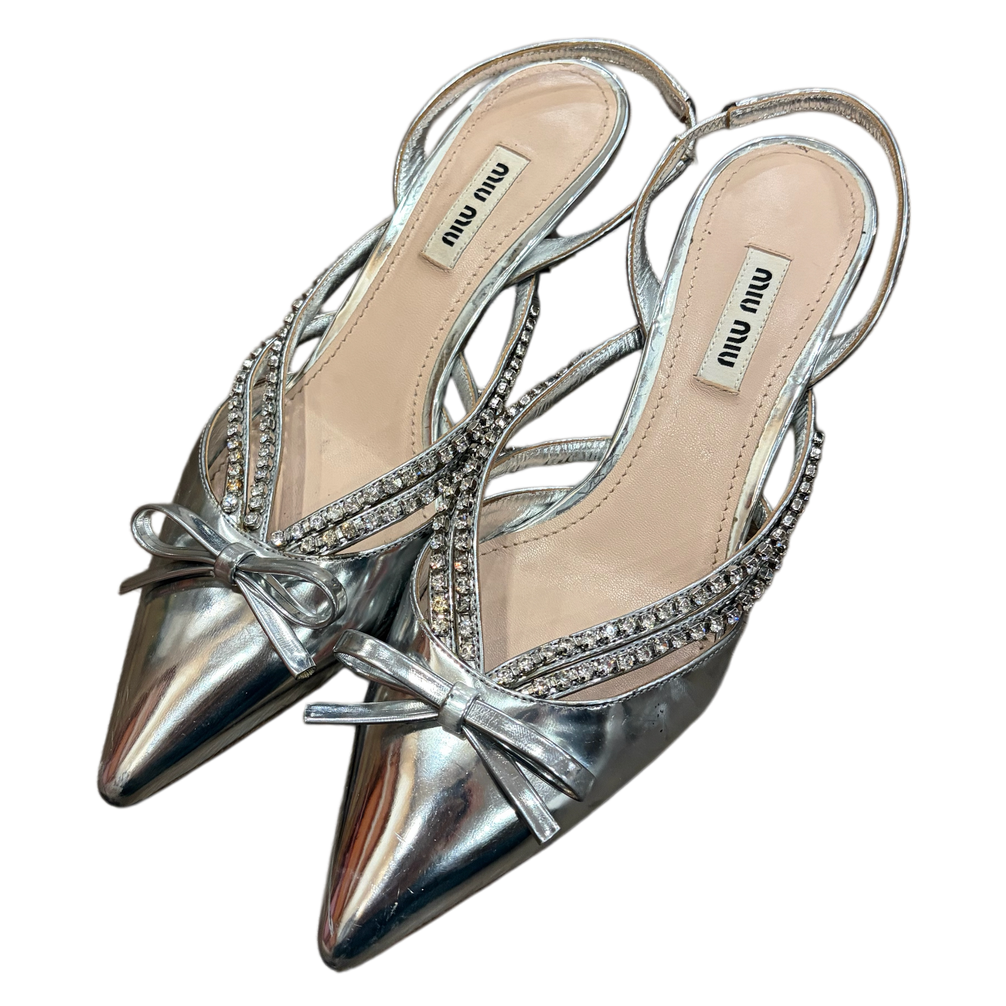 Miu Miu Sliver Crystal Embellished Slingback Pumps