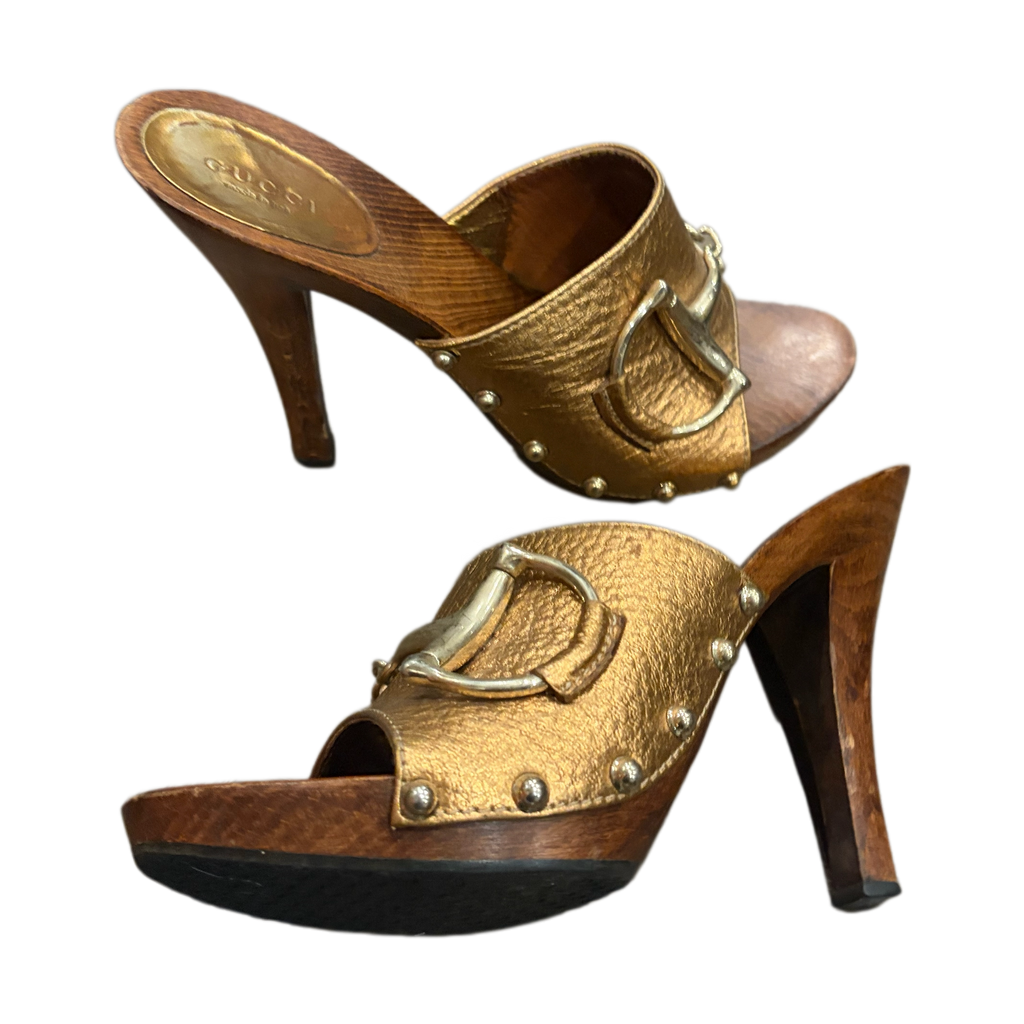 Gucci Gold Leather Clogs Horsebit Bronze Mules