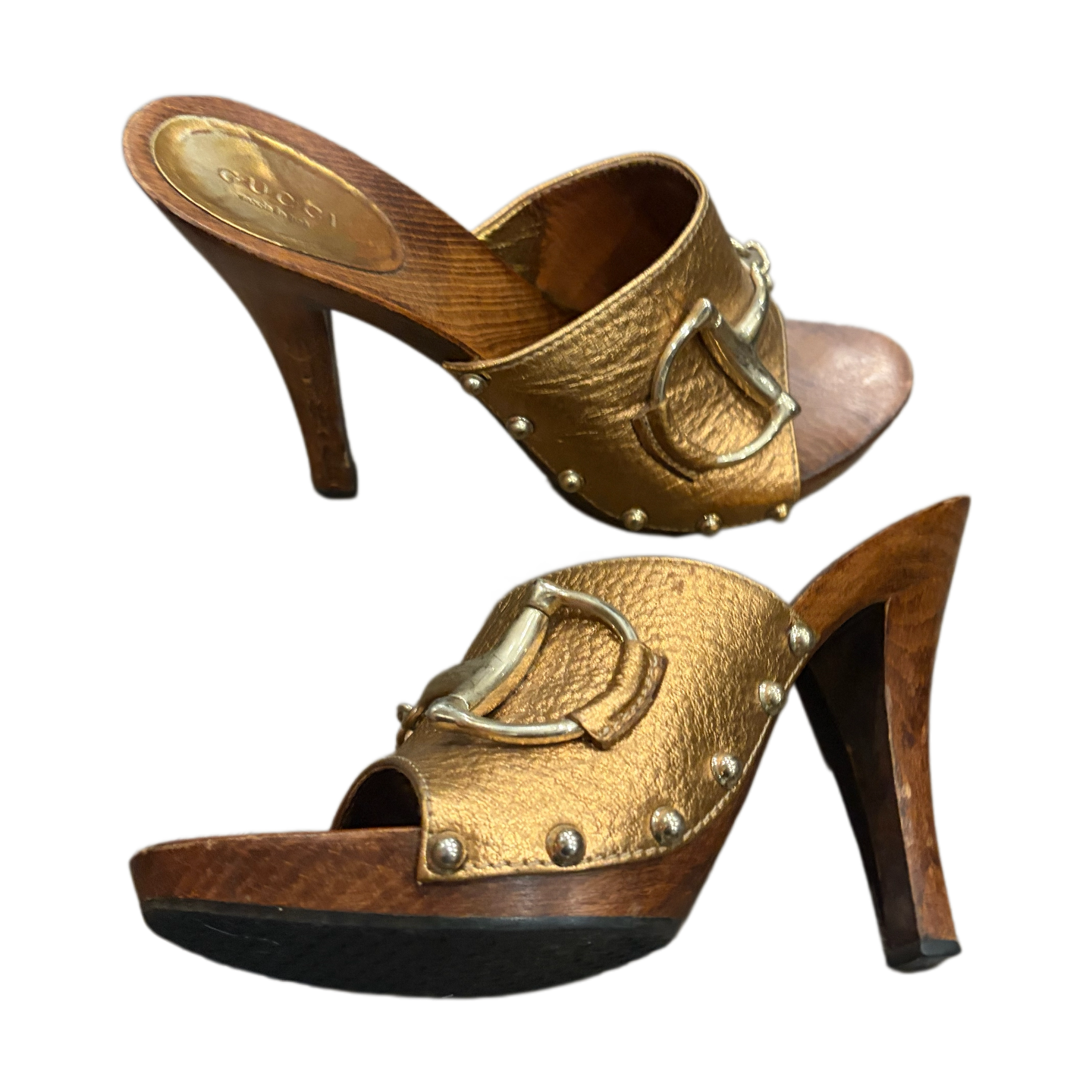 Gucci Gold Leather Clogs Horsebit Bronze Mules